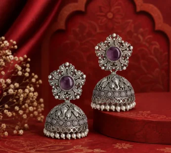 Oxidized Silver Jhumka Earrings with Purple Stone & Pearls