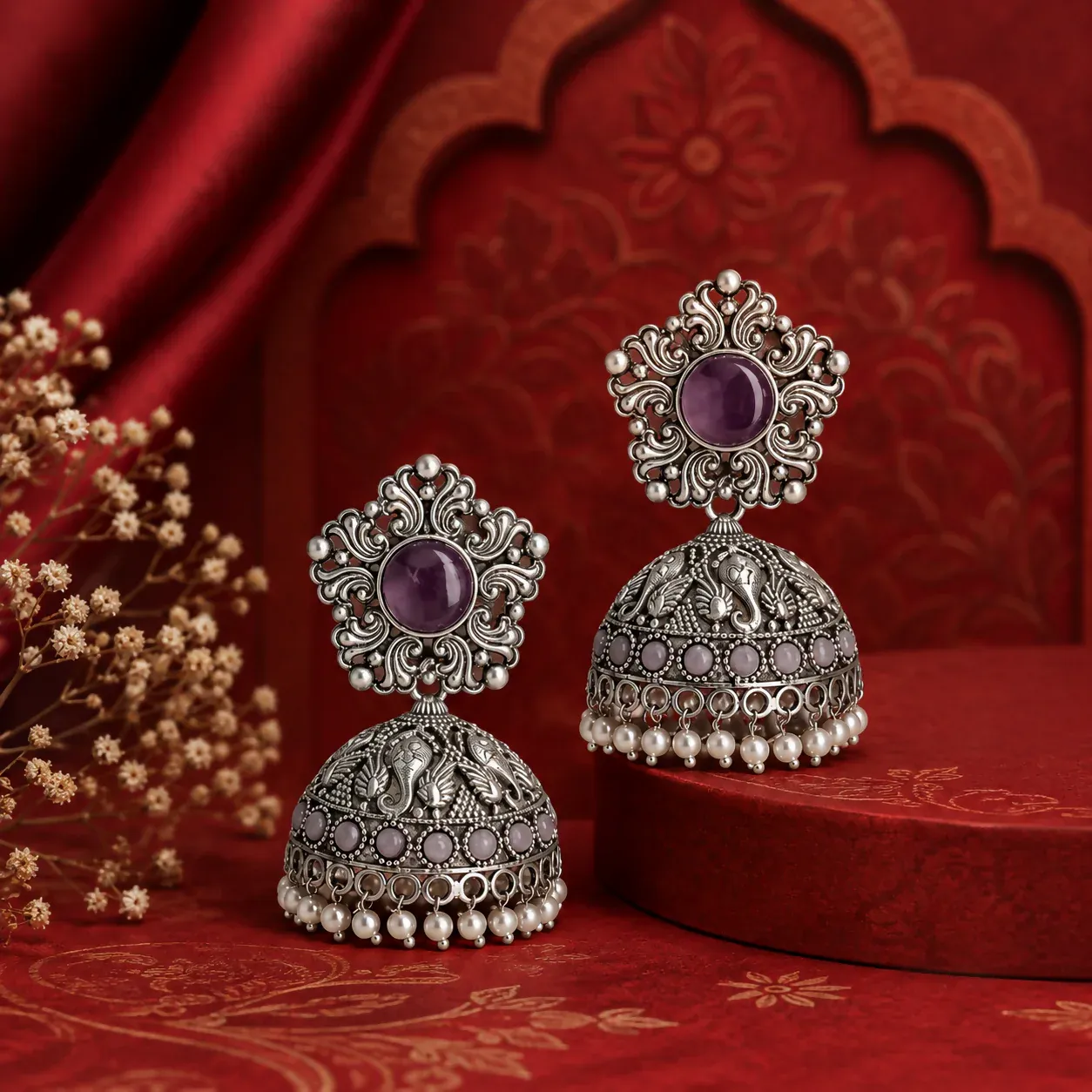 Premium Oxidized Silver Jhumka Earrings with Purple Stone & Pearls - Buy Online at Alikart