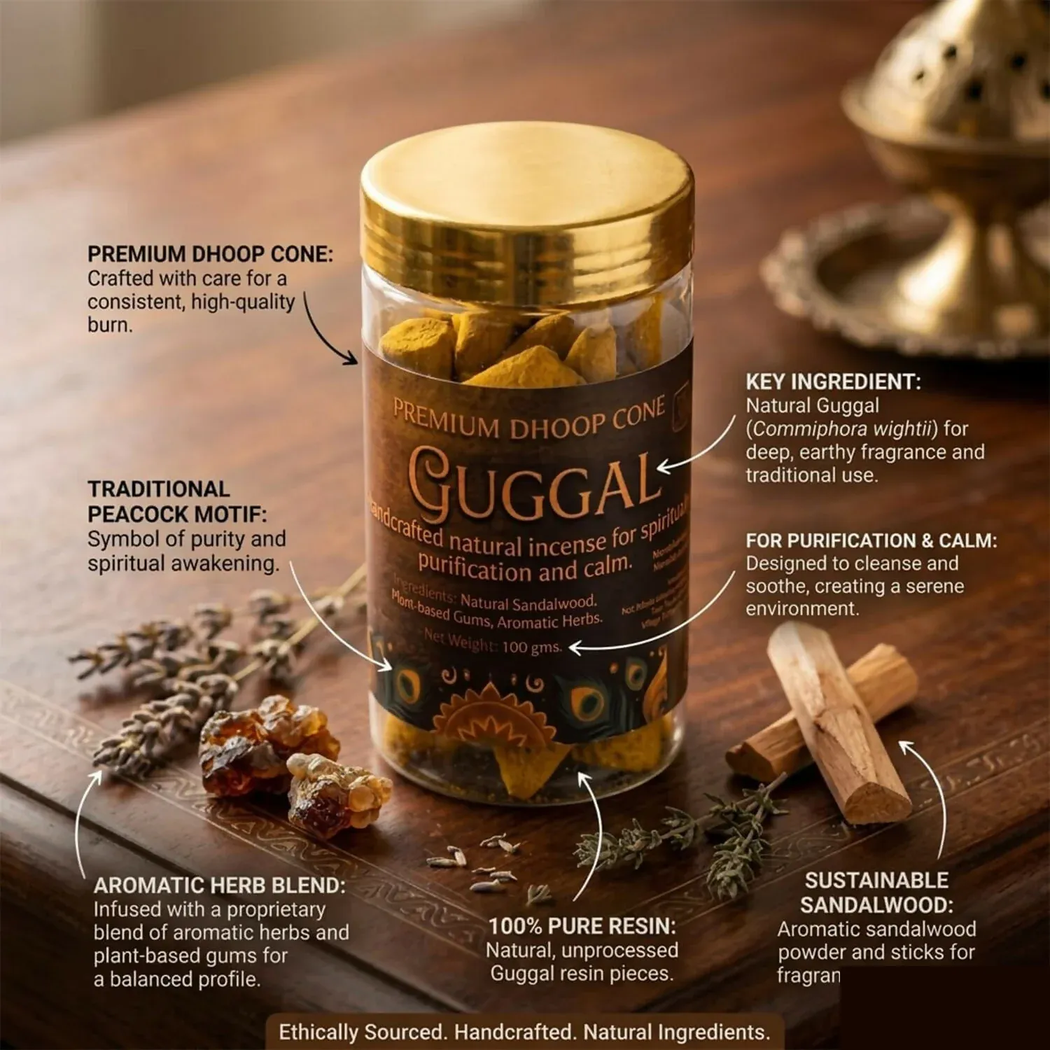 Rajwadi Guggal Dhoop Cones 100gm – Long Lasting Aroma for Pooja & Meditation - Detailed Feature View 3