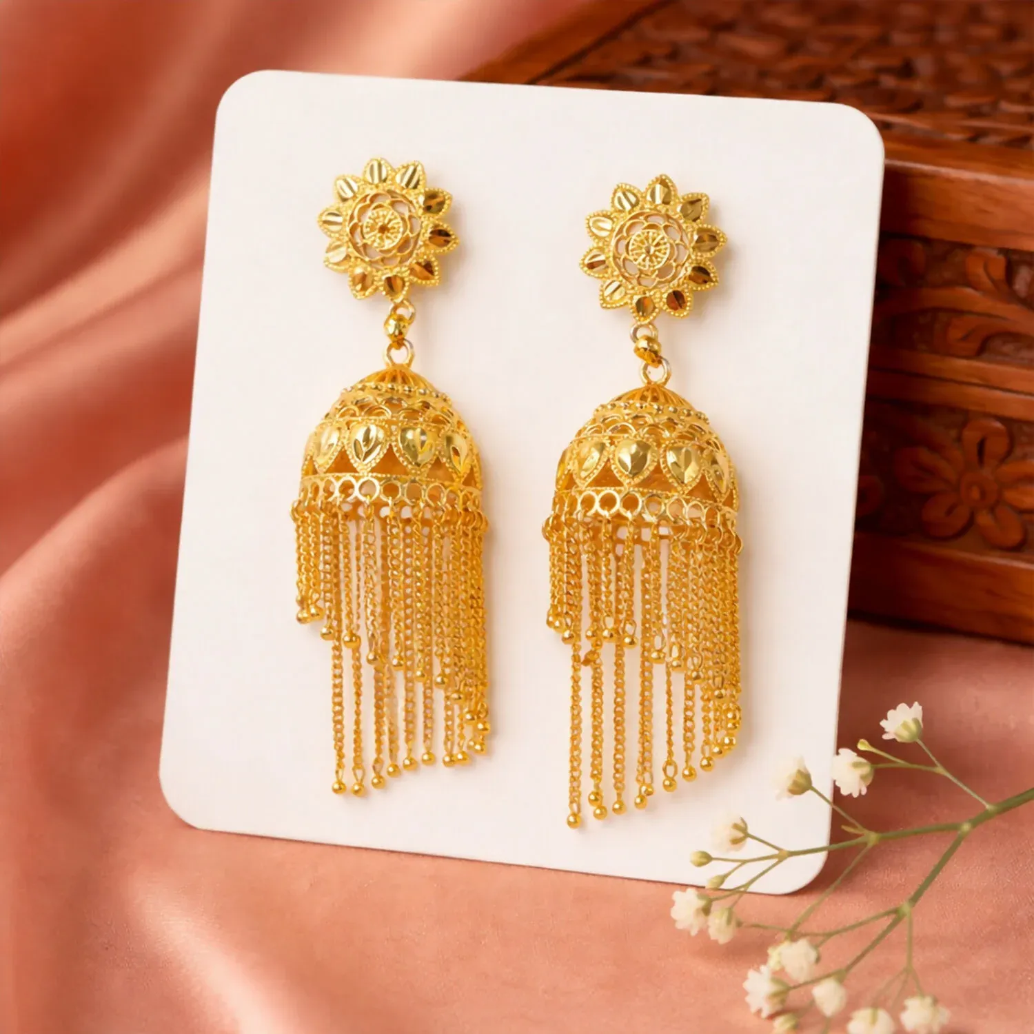 Premium Traditional Gold Tone Floral Jhumka Earrings with Chain Tassels - Buy Online at Alikart
