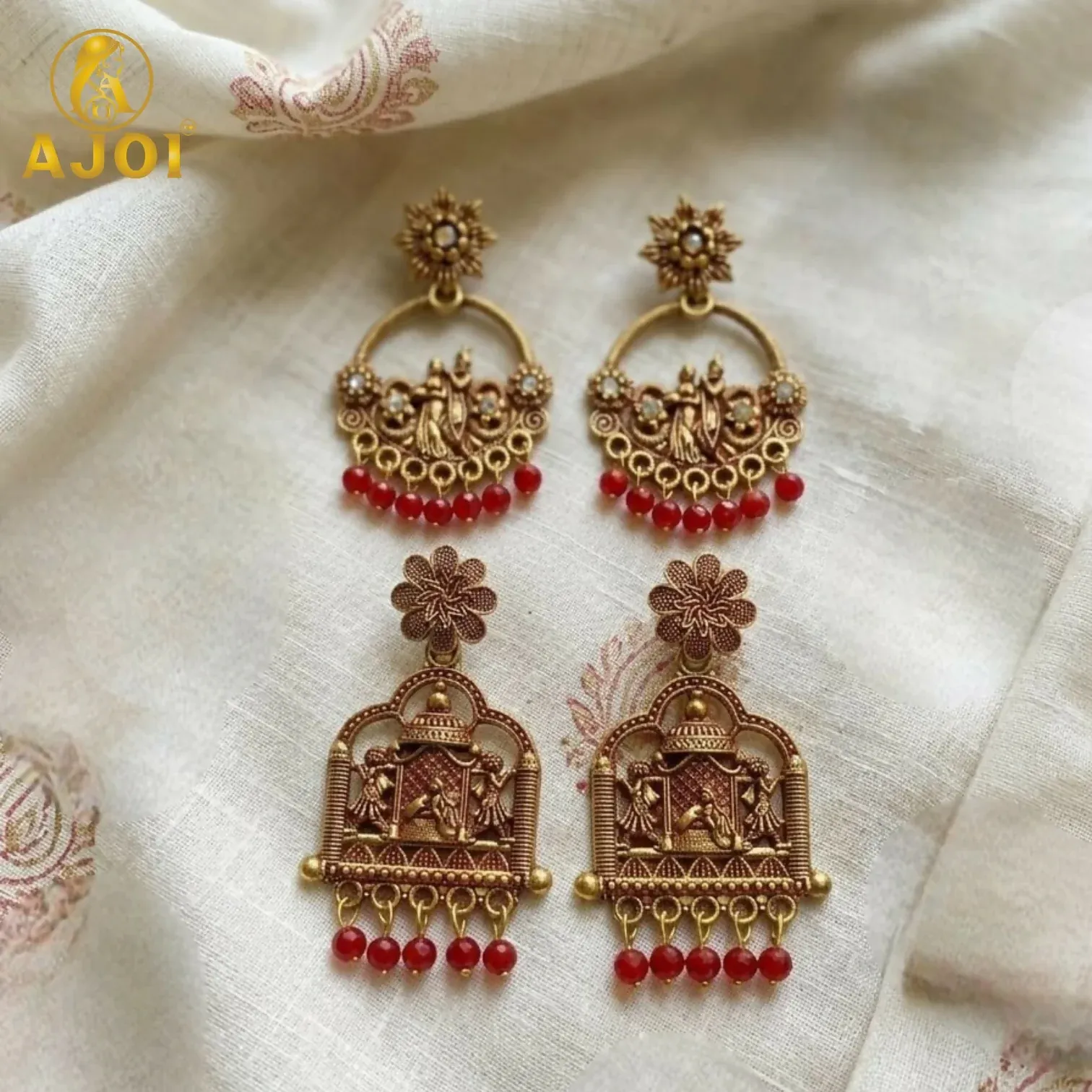 Traditional Radha Krishna Temple Earrings with Red Beads – 2 Pairs - Detailed Feature View 2