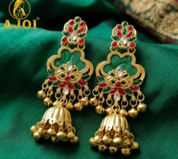 Royal Green Kundan Jhumka Earrings with Gold Finish & Ghungroo Drops