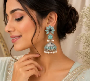 Elegant Oxidized Silver Jhumka Earrings with Sky Blue Stones & Pearl Accents