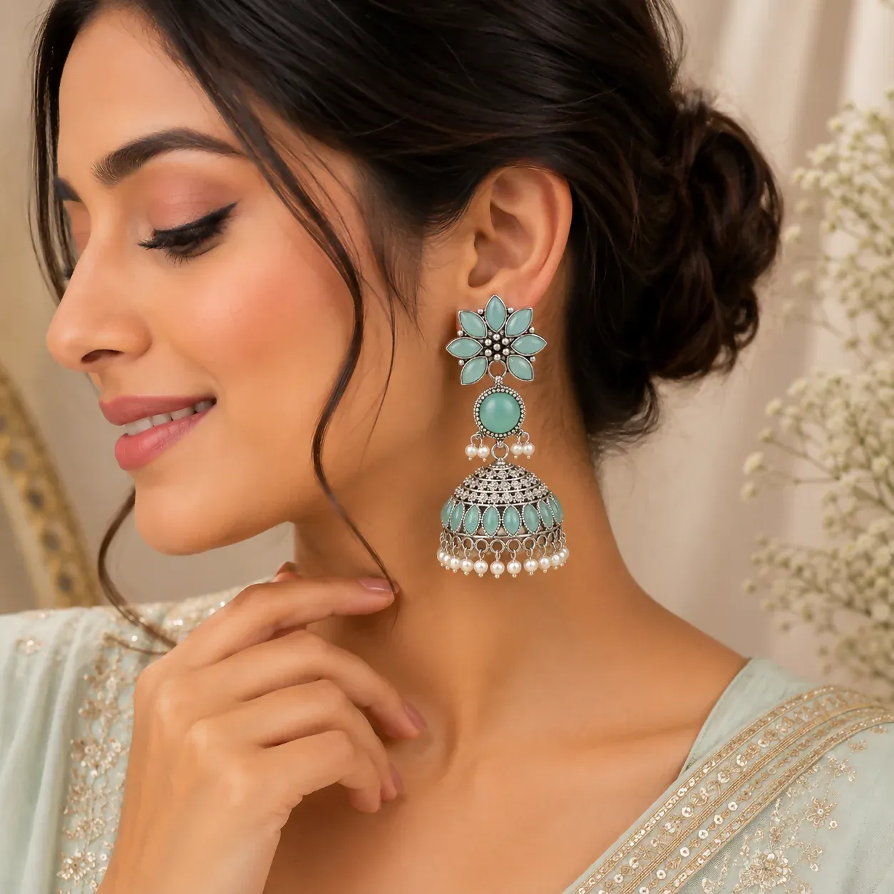 Premium Elegant Oxidized Silver Jhumka Earrings with Sky Blue Stones & Pearl Accents - Buy Online at Alikart