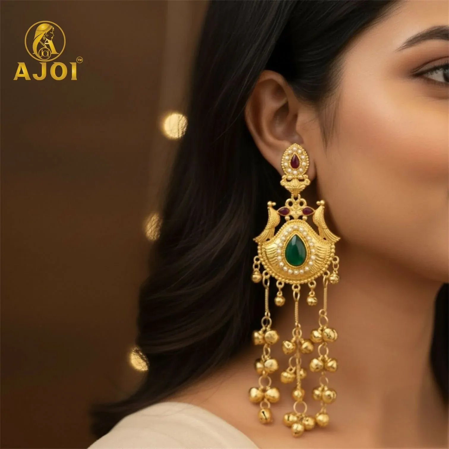 Traditional Kashmiri Gold-Plated Jhumka Earrings with Green Stone & Ghungroo Drops - Detailed Feature View 1
