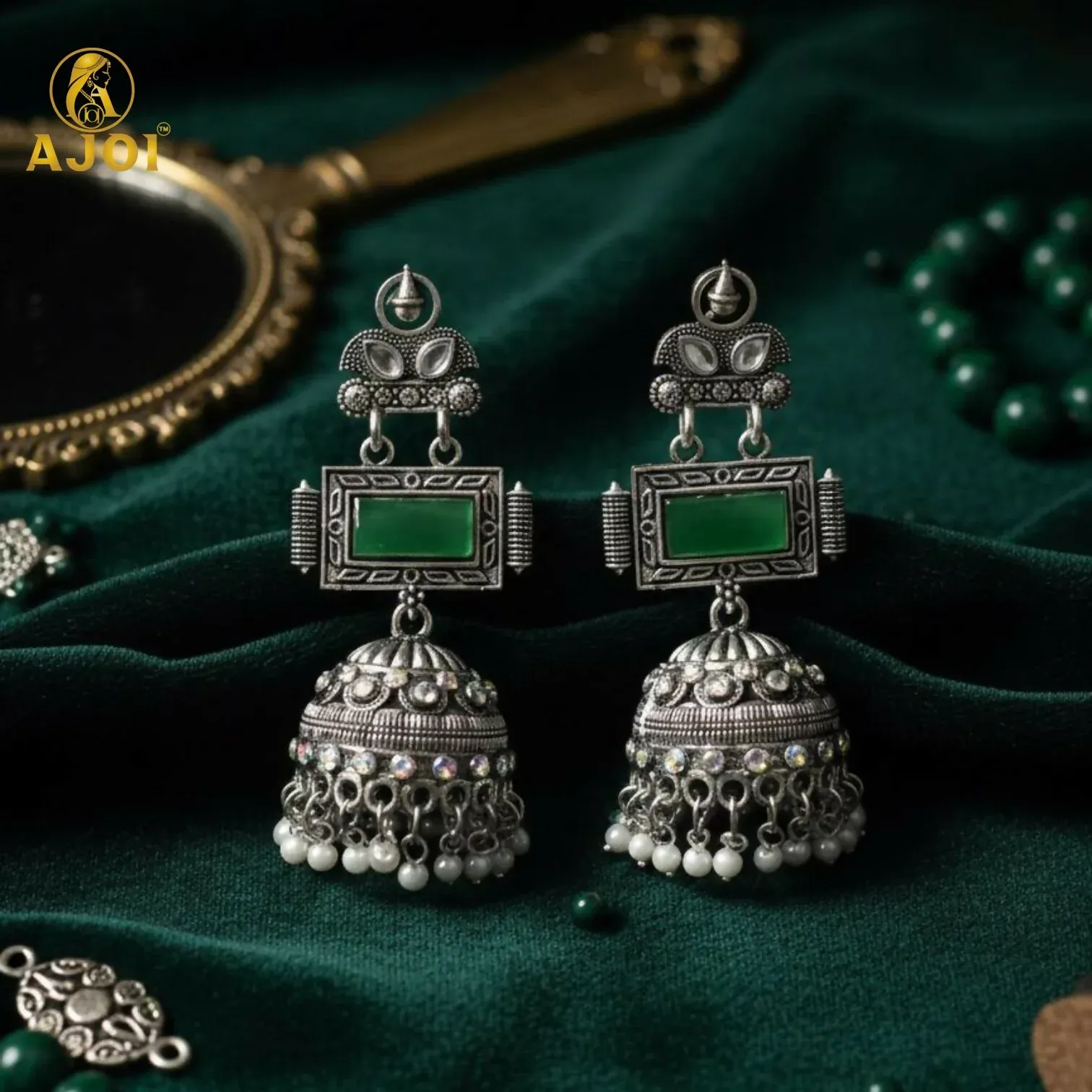 Imperial Heritage Oxidized Silver Jhumka Earrings with Deep Green Stone Earring - Detailed Feature View 2
