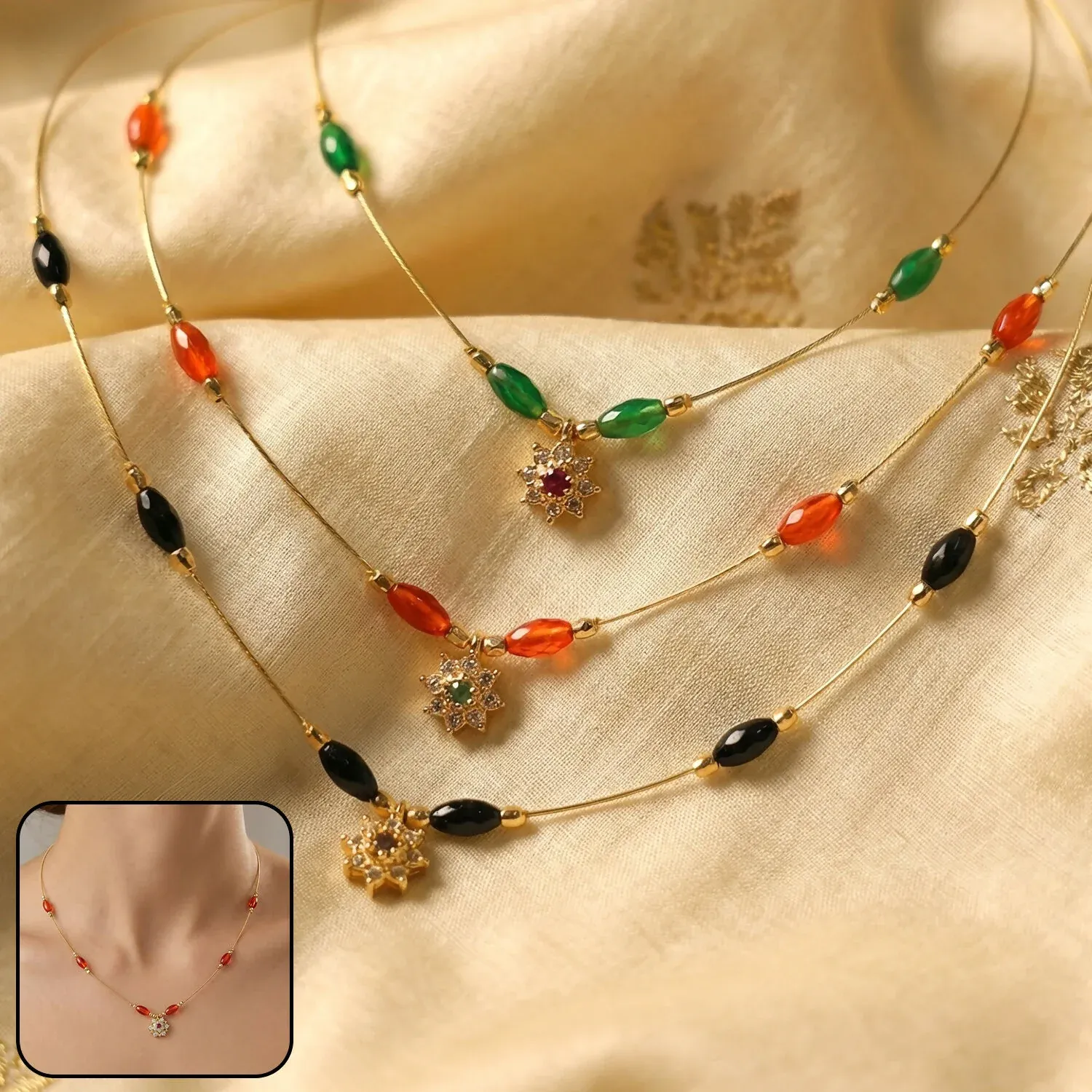 Premium Multicolor Bead Gold Necklace with Elegant Floral Pendant (3Pc/Set) - Buy Online at Alikart