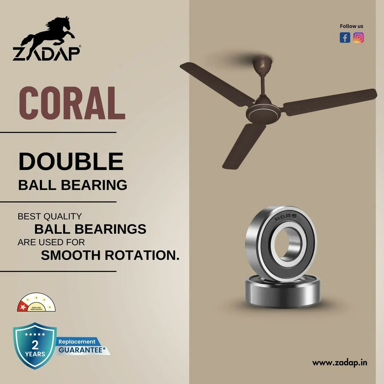 ZADAP Coral 1200mm 52W High Speed Silent Ceiling Fan - Smoke Brown - Detailed Feature View 5