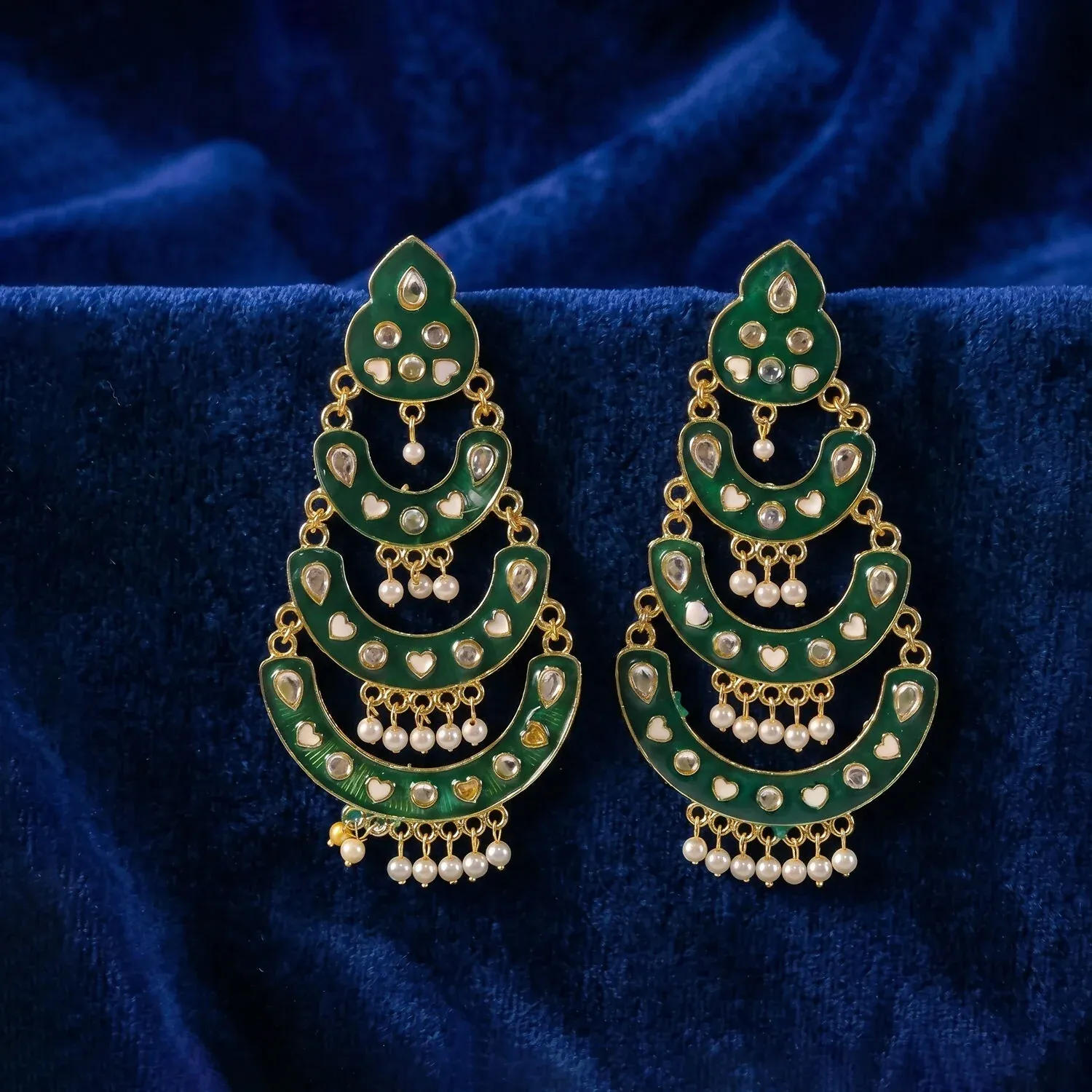 Green Layered Chandbali Earrings with Pearls for Women - Detailed Feature View 5