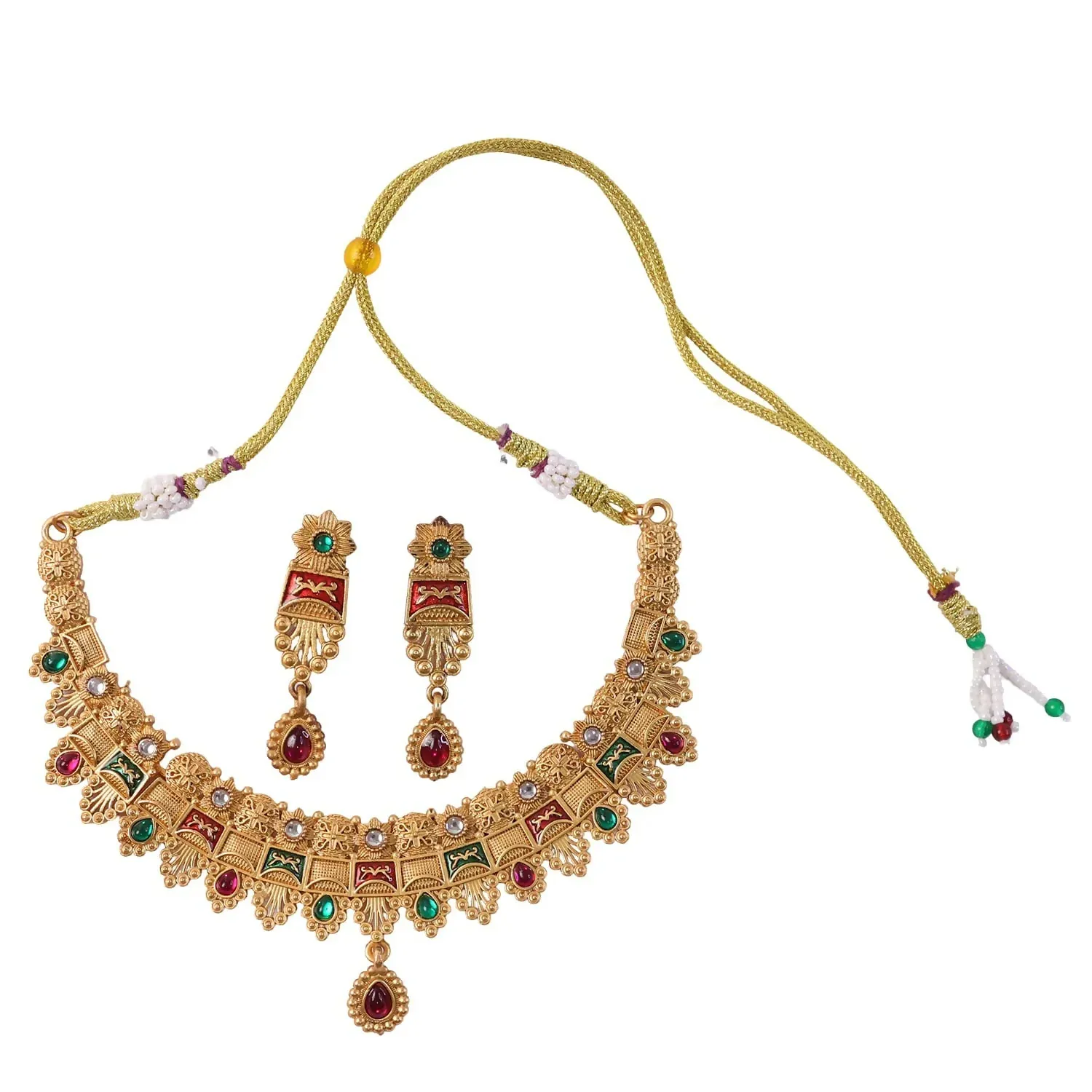 Rajwadi Mayura Antique Gold Kundan Meenakari Choker Necklace Set with Drop Earrings - Detailed Feature View 4