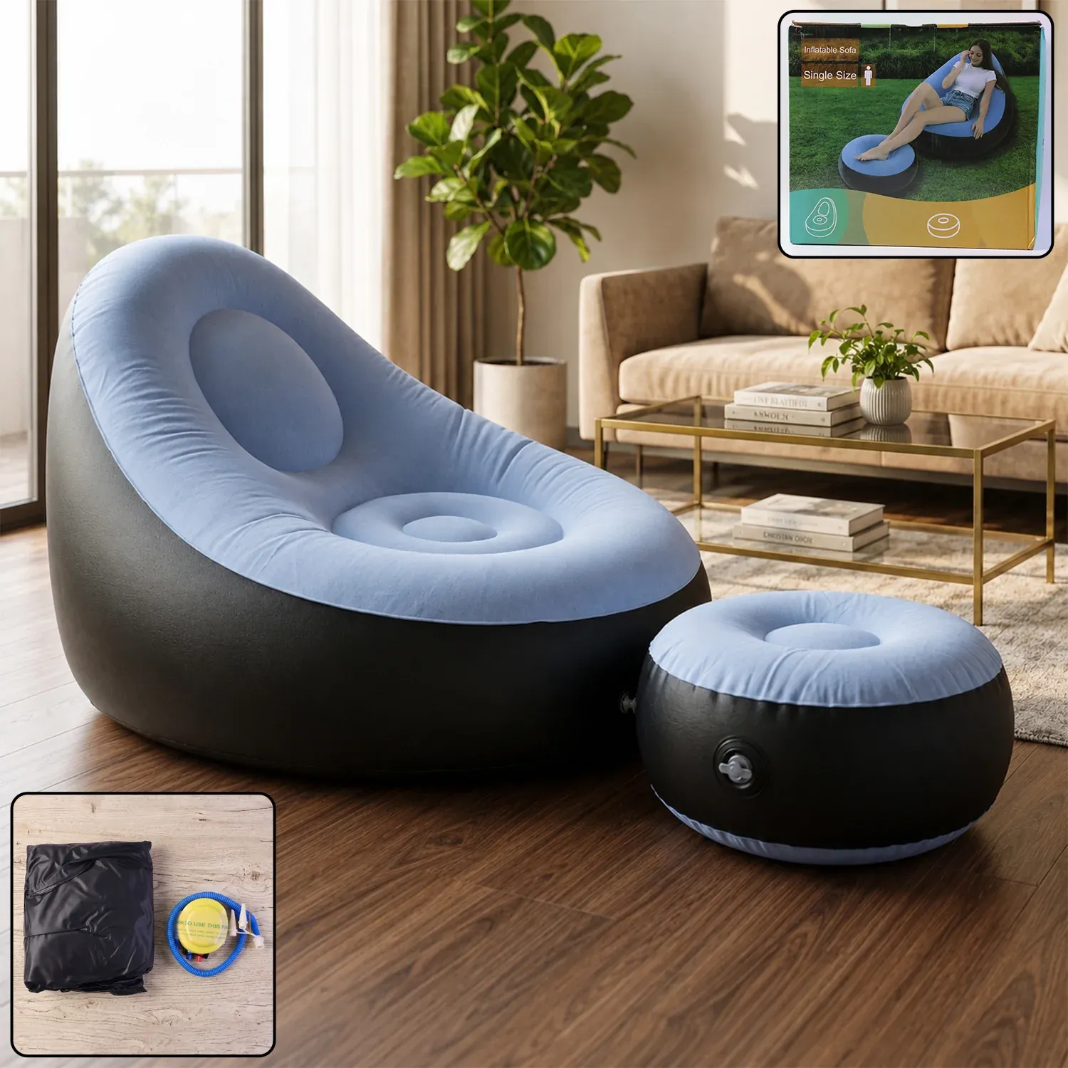 Inflatable Sofa Chair with Footstool & Pump - Portable Lounge - Detailed Feature View 2