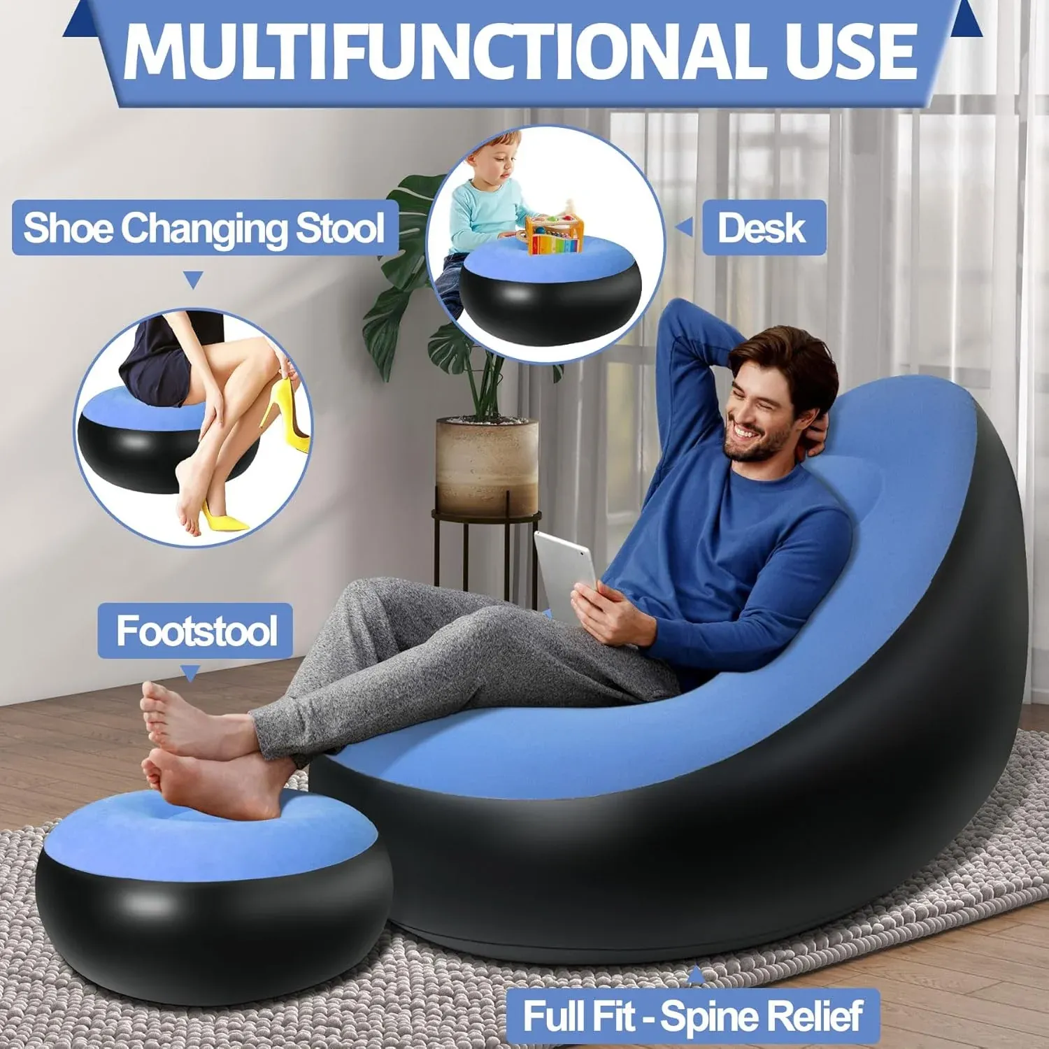 Inflatable Sofa Chair with Footstool & Pump - Portable Lounge - Detailed Feature View 4