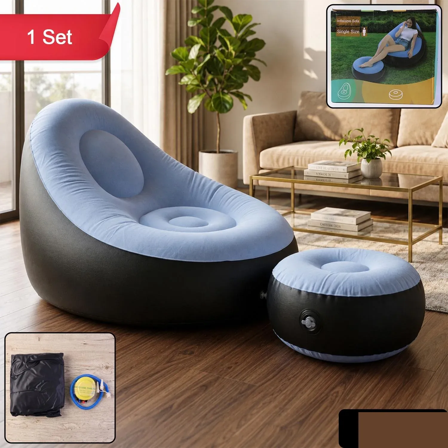 Inflatable Sofa Chair with Footstool & Pump - Portable Lounge - Detailed Feature View 1