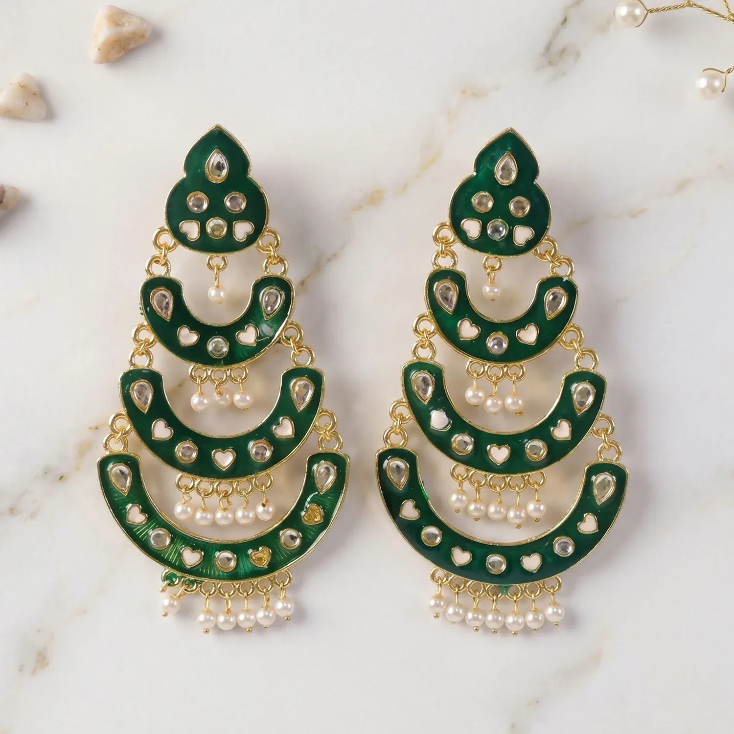 Green Layered Chandbali Earrings with Pearls for Women - Detailed Feature View 1