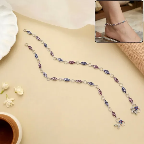 Dual Tone Leaf Link Anklet with Floral Charm – Elegant Payal