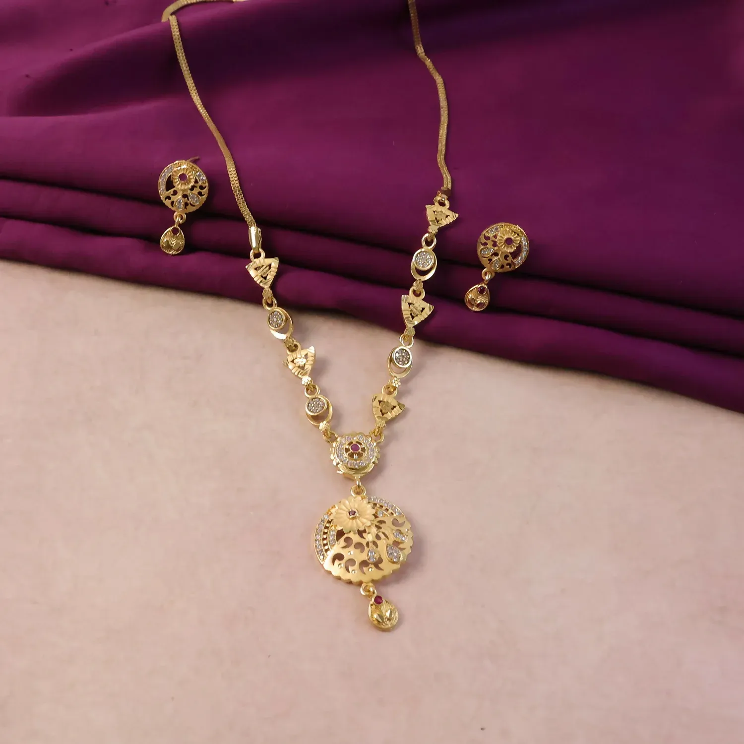 Classic Gold-Tone Floral Engraved Pendant Necklace Set with Designer Stud Earrings - Detailed Feature View 2