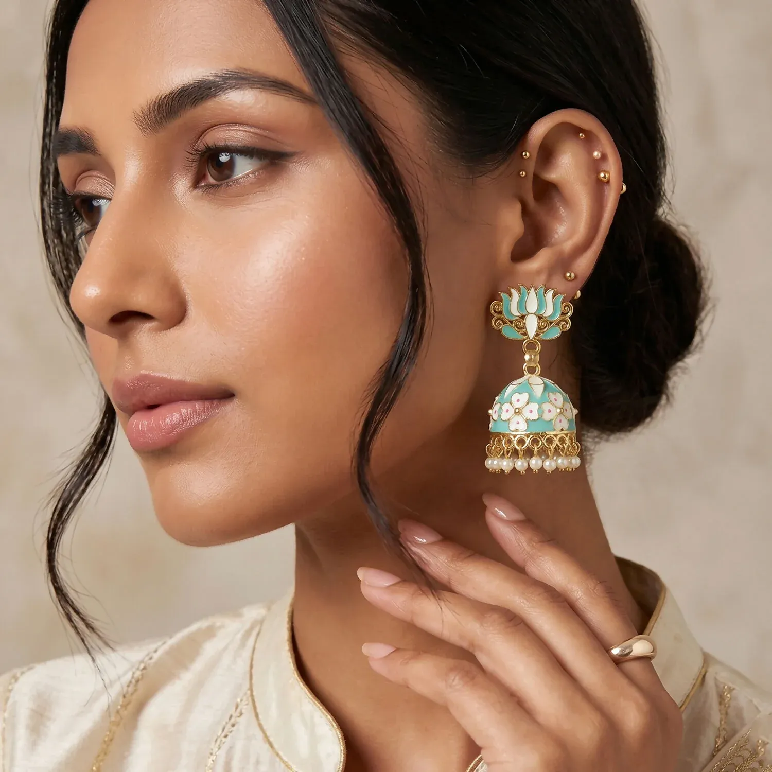 Sea Pista Lotus Jhumka Earrings with Pearl Hanging for Women - Detailed Feature View 2