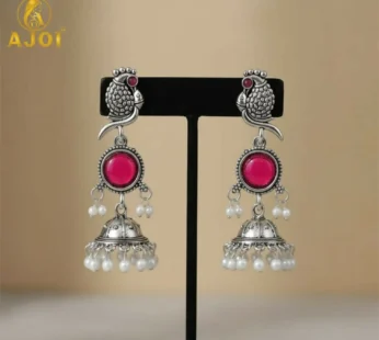 Antique Silver Peacock Jhumka Earrings with Pink Stone & Pearls
