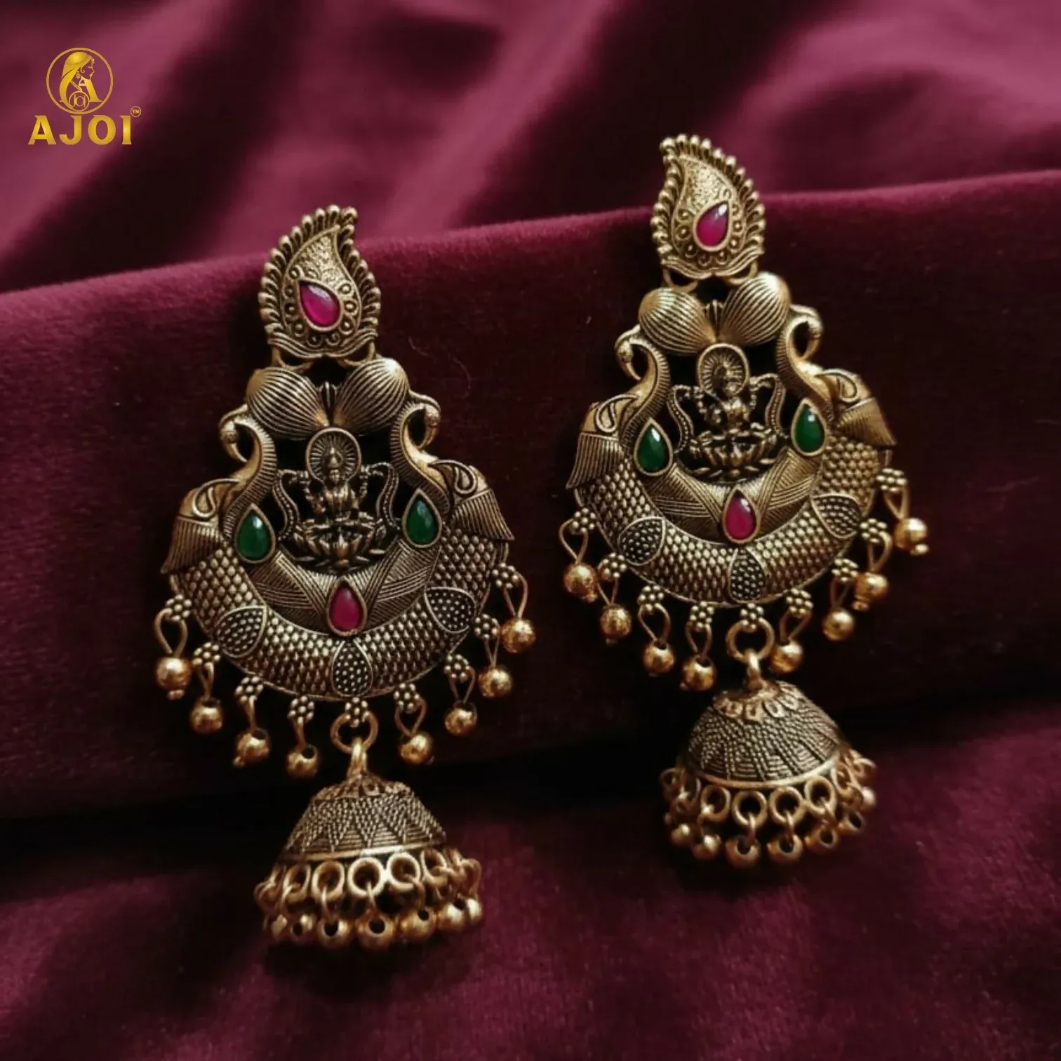 Antique Gold Plated Temple Jhumka Earrings with Lakshmi Motif - Detailed Feature View 4