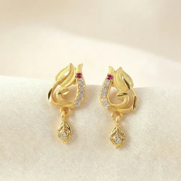 Traditional Curved Leaf Style Gold Stud Earrings With Crystal Detailing And Drop Charm - Detailed Feature View 1