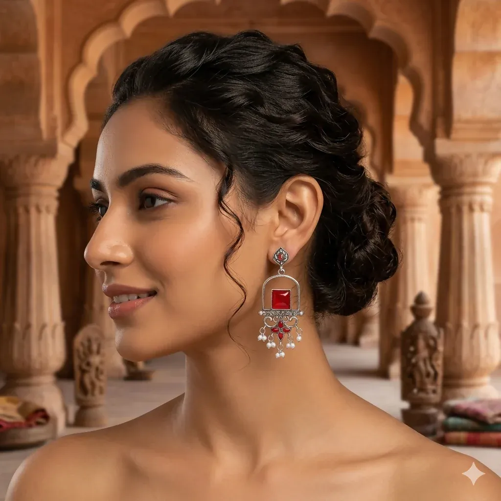 Premium Elegant Red Stone Oxidized Silver Pearl Drop Chandelier Earrings - Buy Online at Alikart