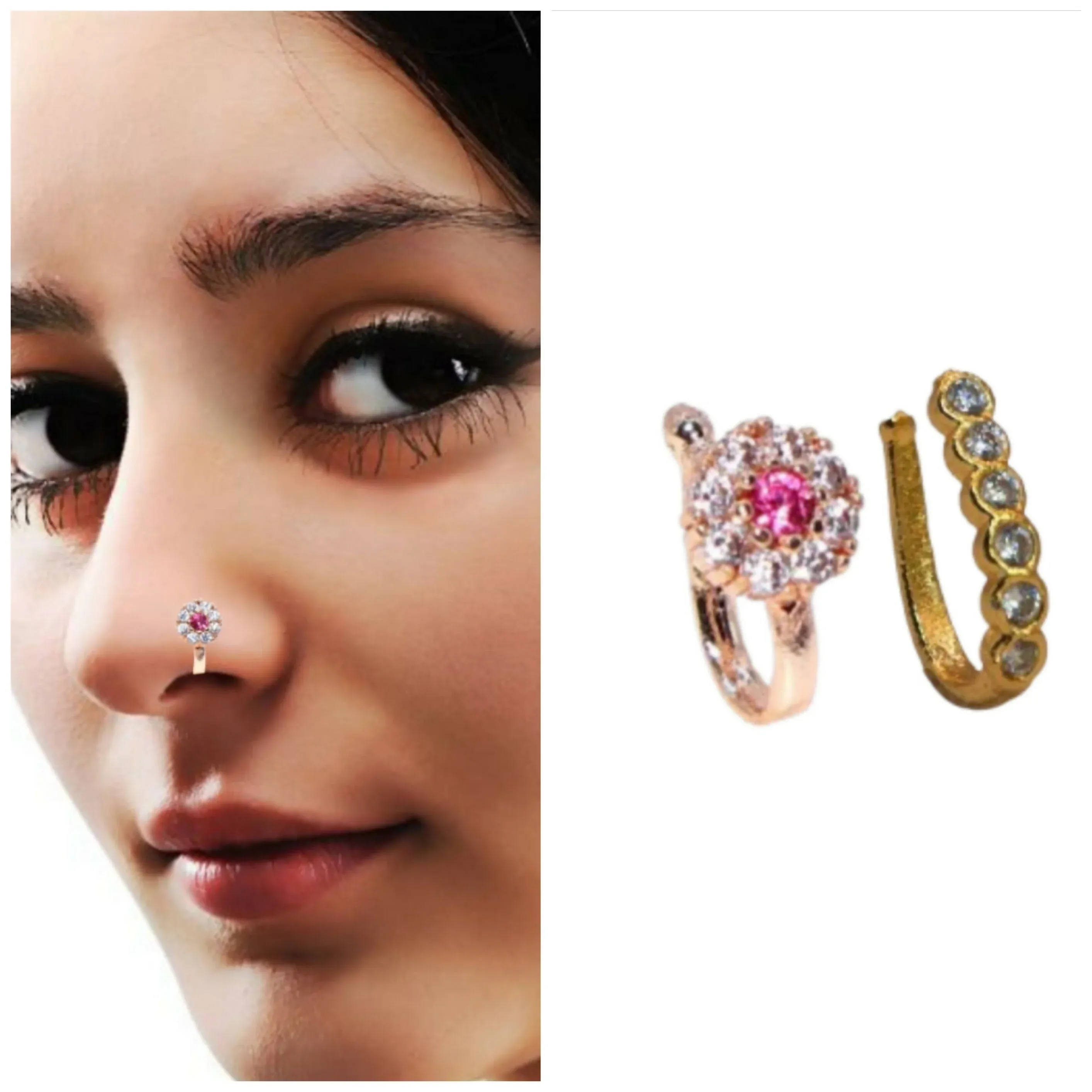 Premium 2Pc Gold Rose Gold AD Non-Piercing Nose Ring & Side Cuff Set - Buy Online at Alikart