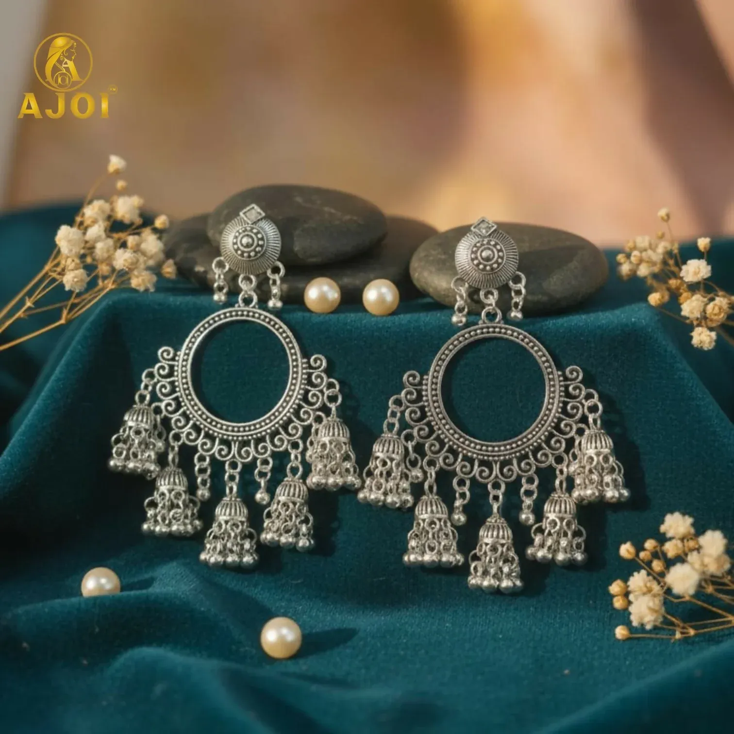 Premium Premium Oxidised Silver Boho Chandbali Jhumka Earrings - Buy Online at Alikart
