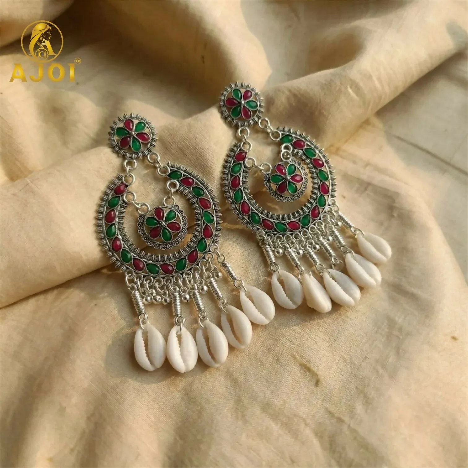 Antique Silver Chandbali Earrings with Floral Meenakari & Cowrie Shells - Detailed Feature View 3