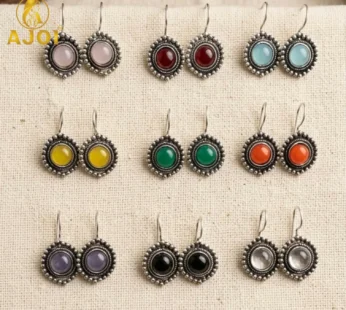 Oxidized Silver Round Stone Earrings Set of 9 – Lightweight & Ethnic