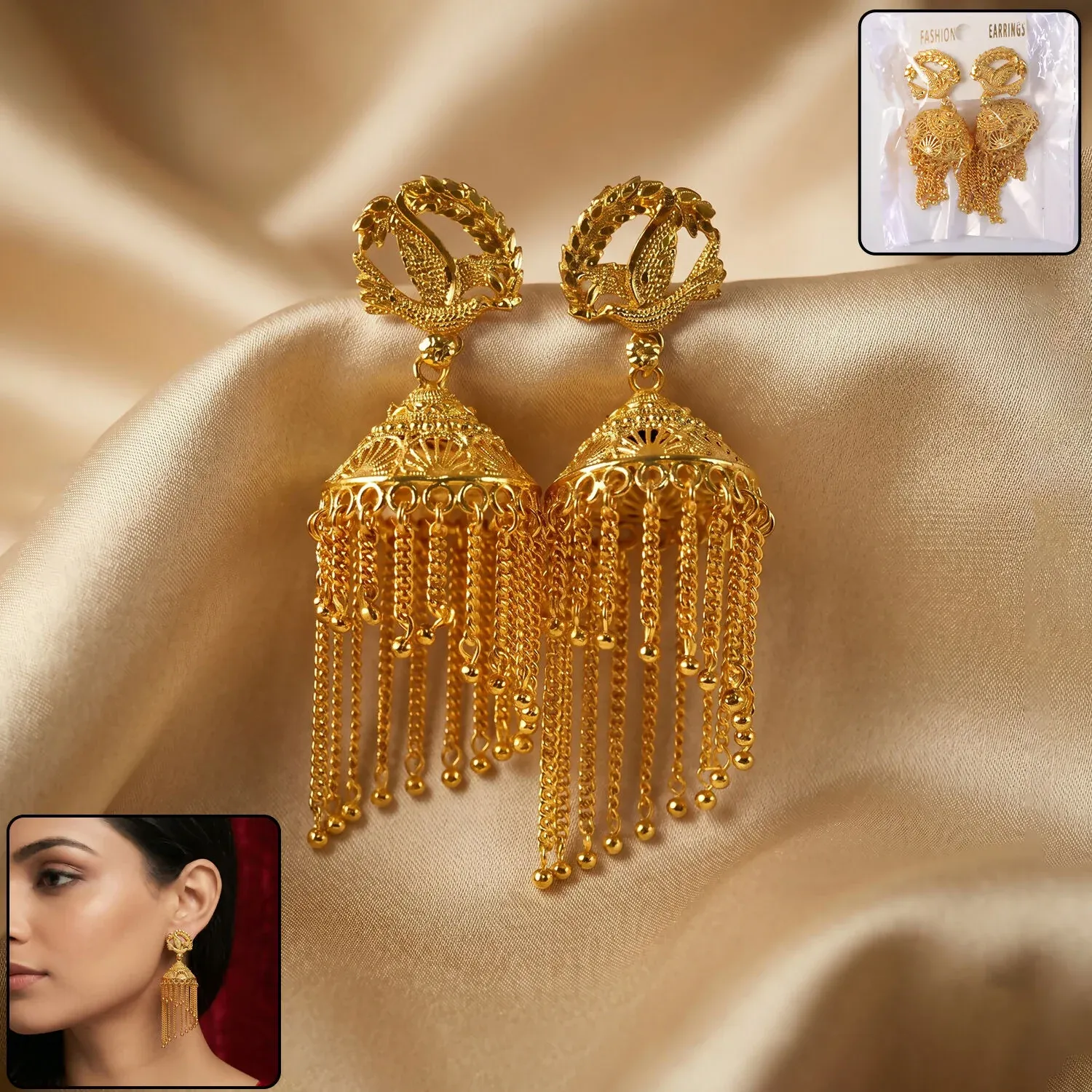 Premium Golden Leaf Design Long Chain Tassel Jhumka Earrings for Women - Buy Online at Alikart