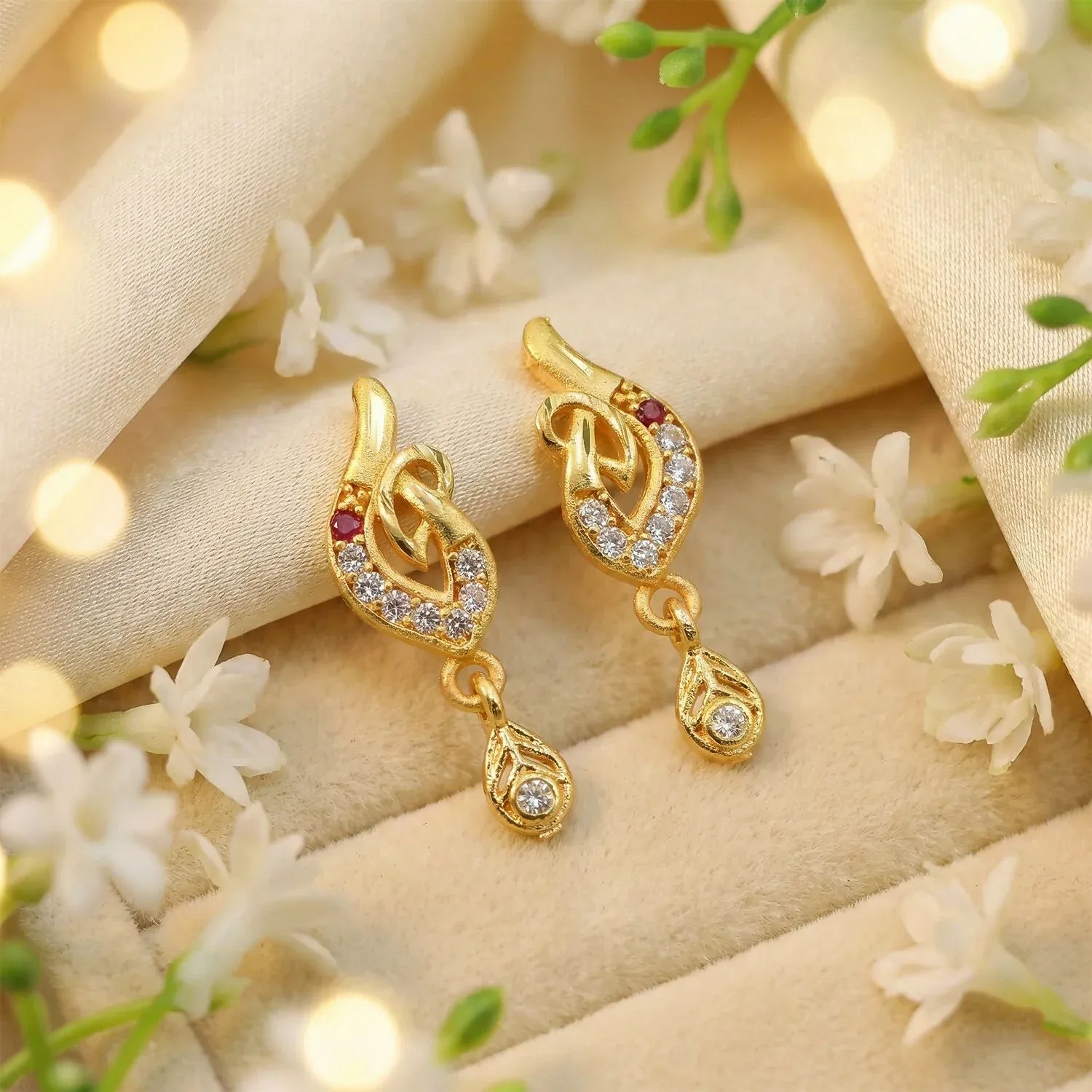 Premium Gold Leaf Drop Earrings with Stone Details - Pair - Buy Online at Alikart