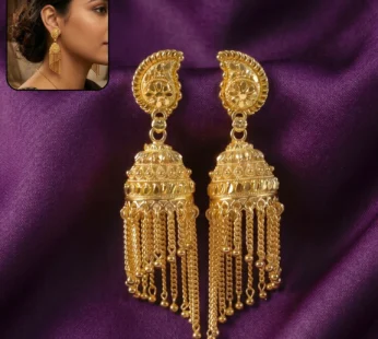 Gold-Plated Jhumka Earrings with Pearl Drops and Chain Detail