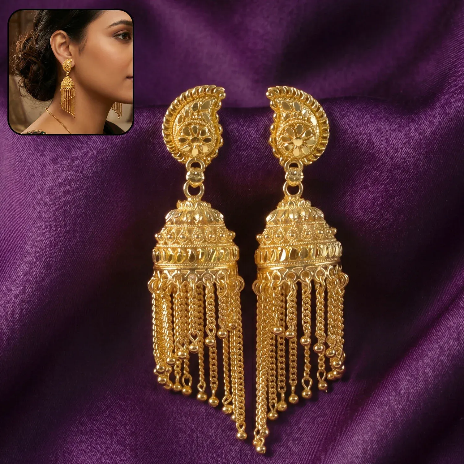 Premium Gold-Plated Jhumka Earrings with Pearl Drops and Chain Detail - Buy Online at Alikart