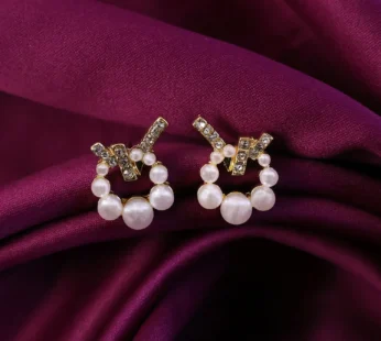 Korean Geometric Crystal Cross & Pearl Wreath Studs For Girls And Women