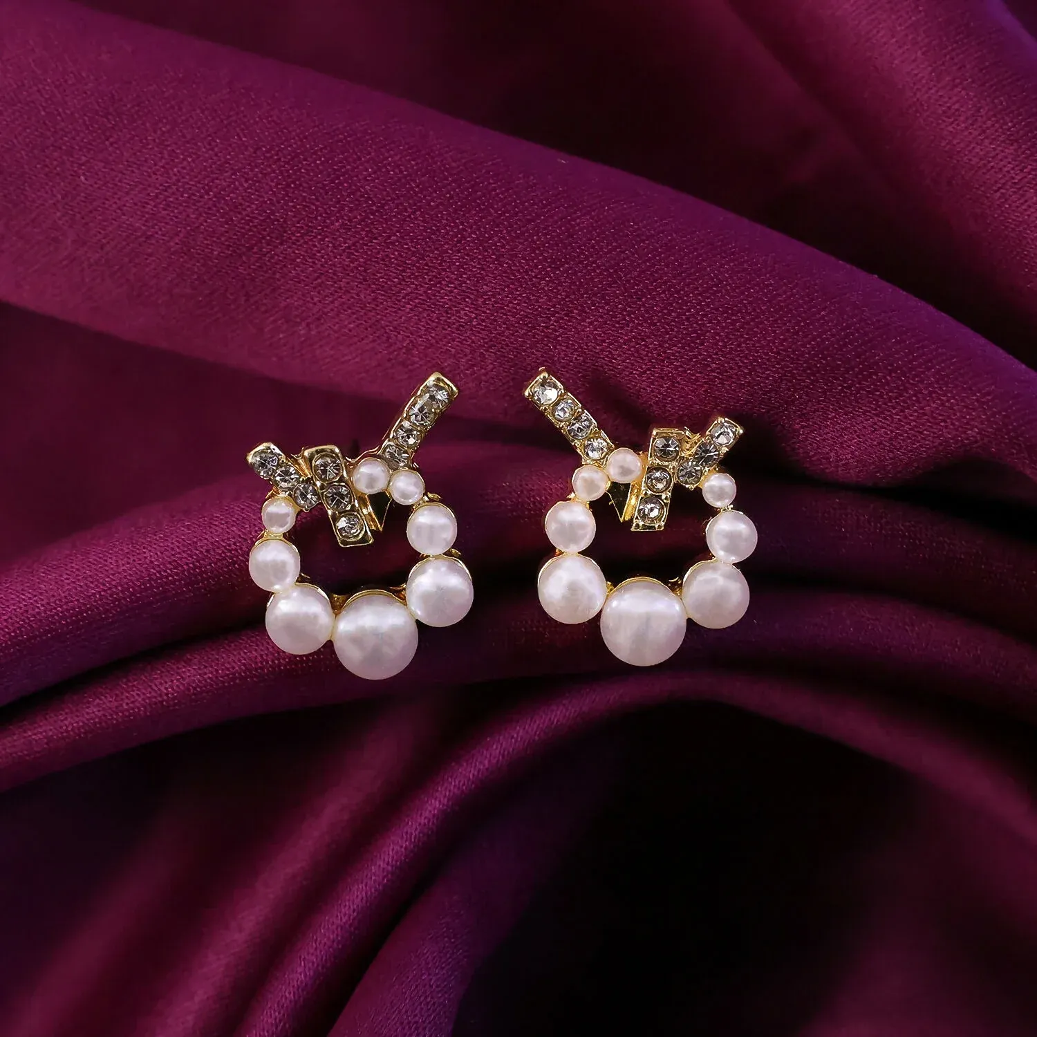 Premium Korean Geometric Crystal Cross & Pearl Wreath Studs For Girls And Women - Buy Online at Alikart