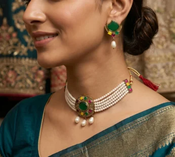 Traditional Green Stone Pearl Choker Necklace Set with Earrings for Women