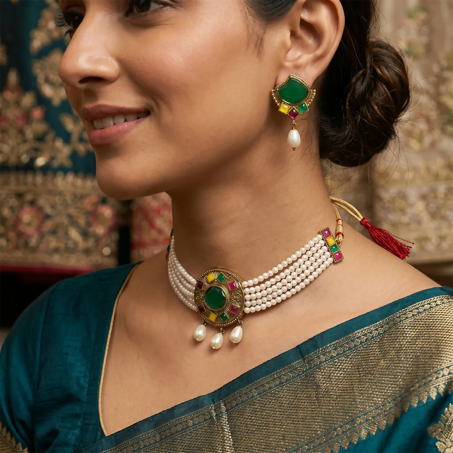 Premium Traditional Green Stone Pearl Choker Necklace Set with Earrings for Women - Buy Online at Alikart