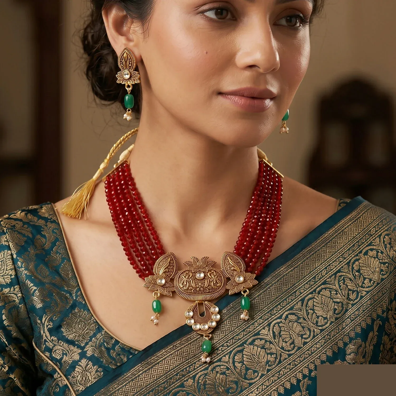 Traditional Maroon Beaded Necklace Set with Earrings - Adjustable Thread - Detailed Feature View 1