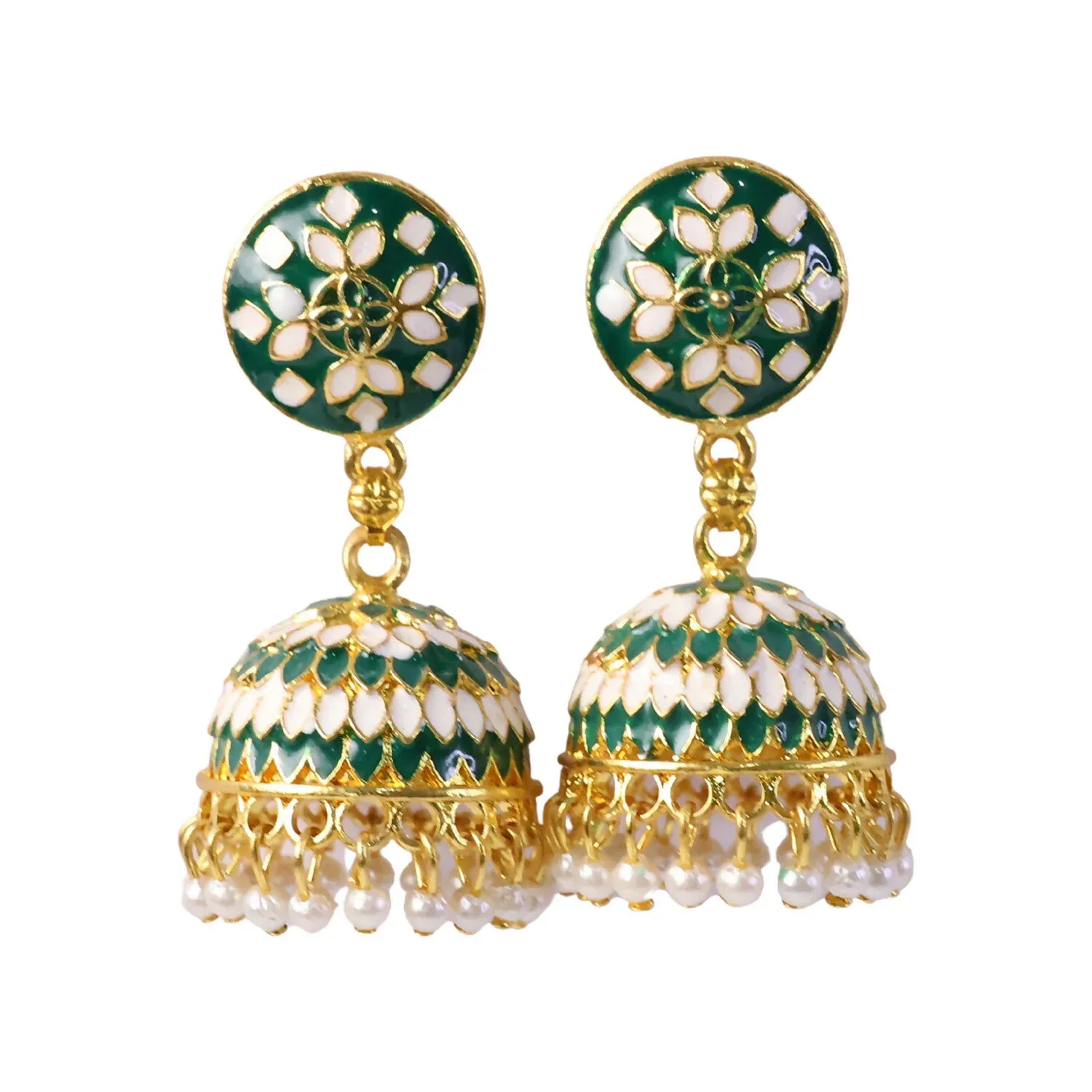Green Round Stud Jhumka Earrings with Pearl Drops for Women - Detailed Feature View 3