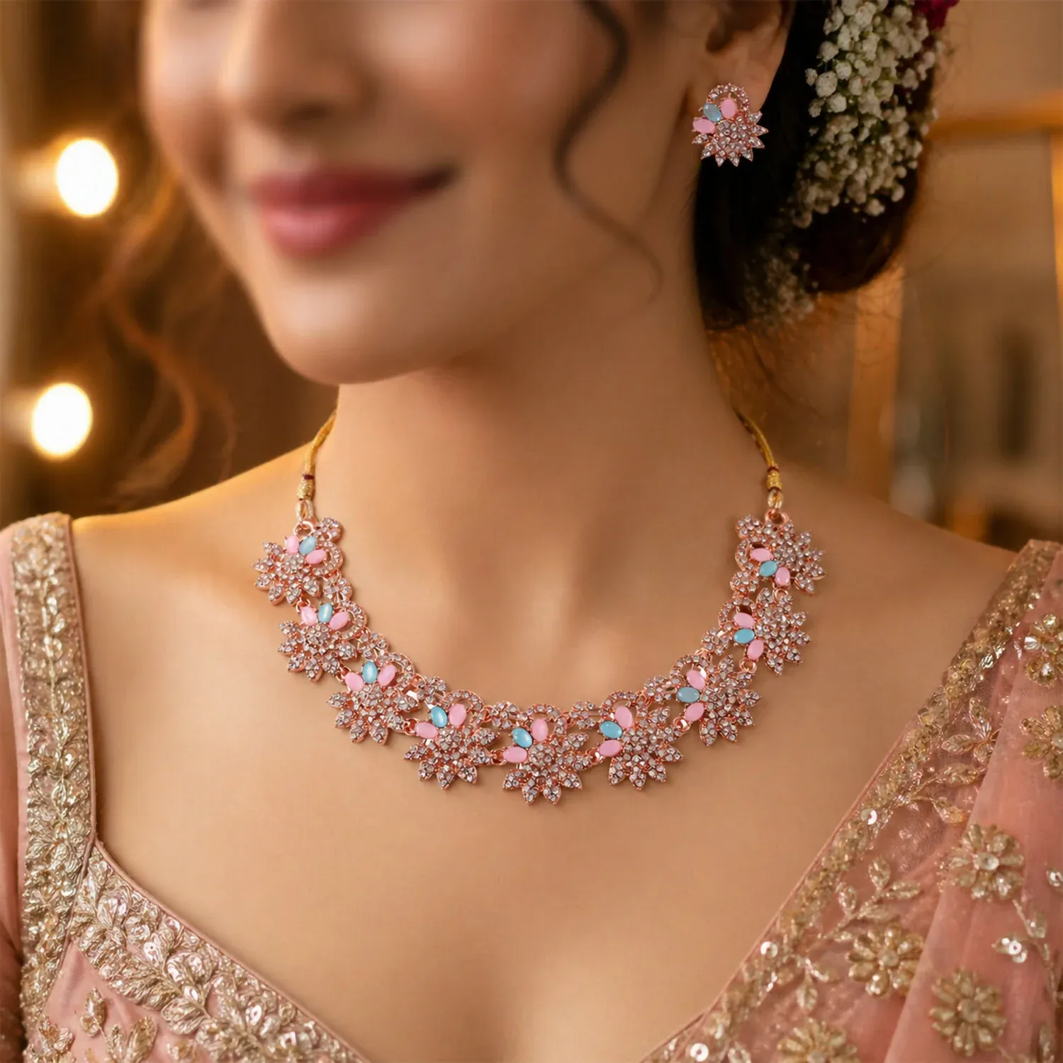 Hot Pink and Blue Stones Necklace & Earrings Set with Gold Plating - Detailed Feature View 1