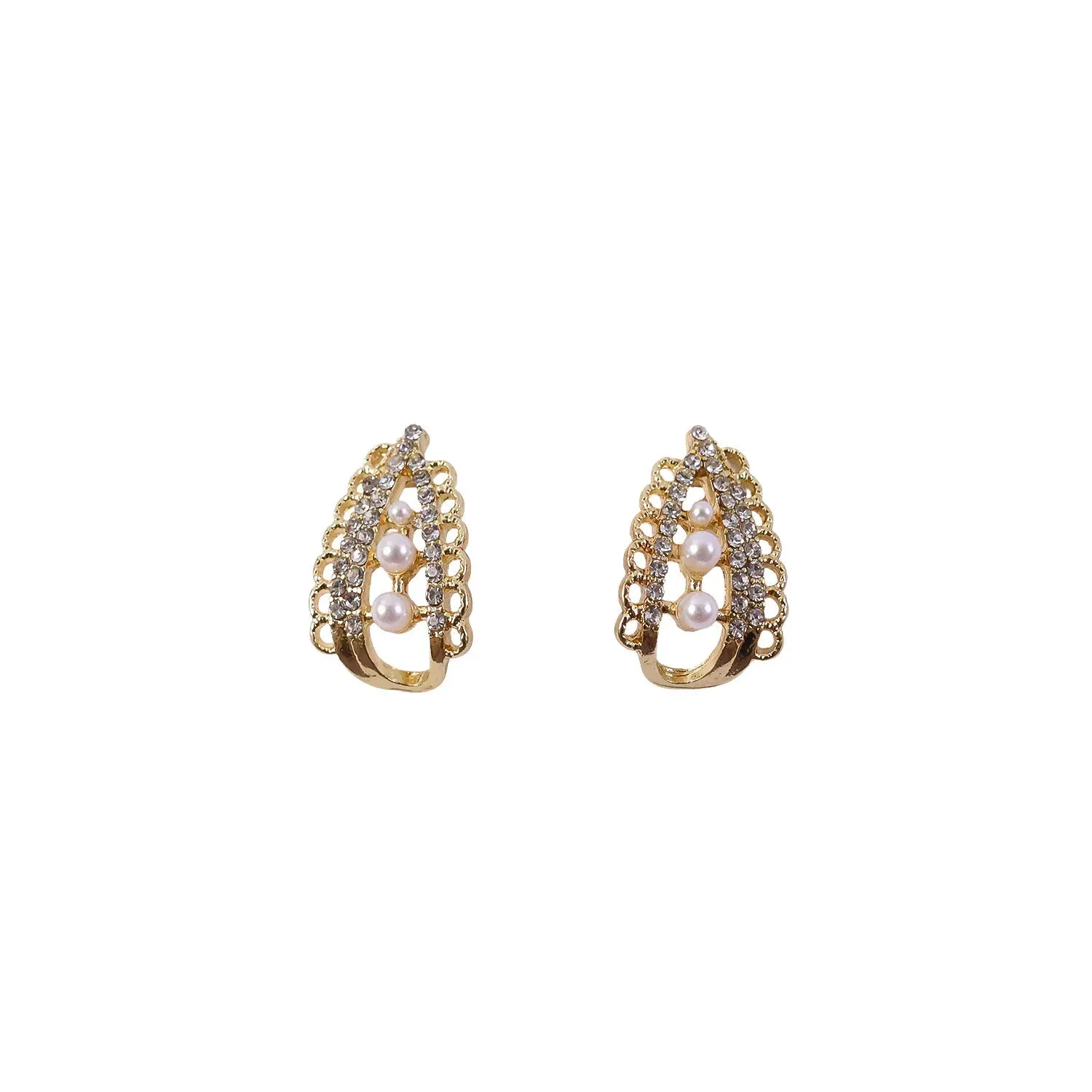 Royal Korean Crystal Arch & Triple Pearl Stud Earrings For Women And Girls - Detailed Feature View 4