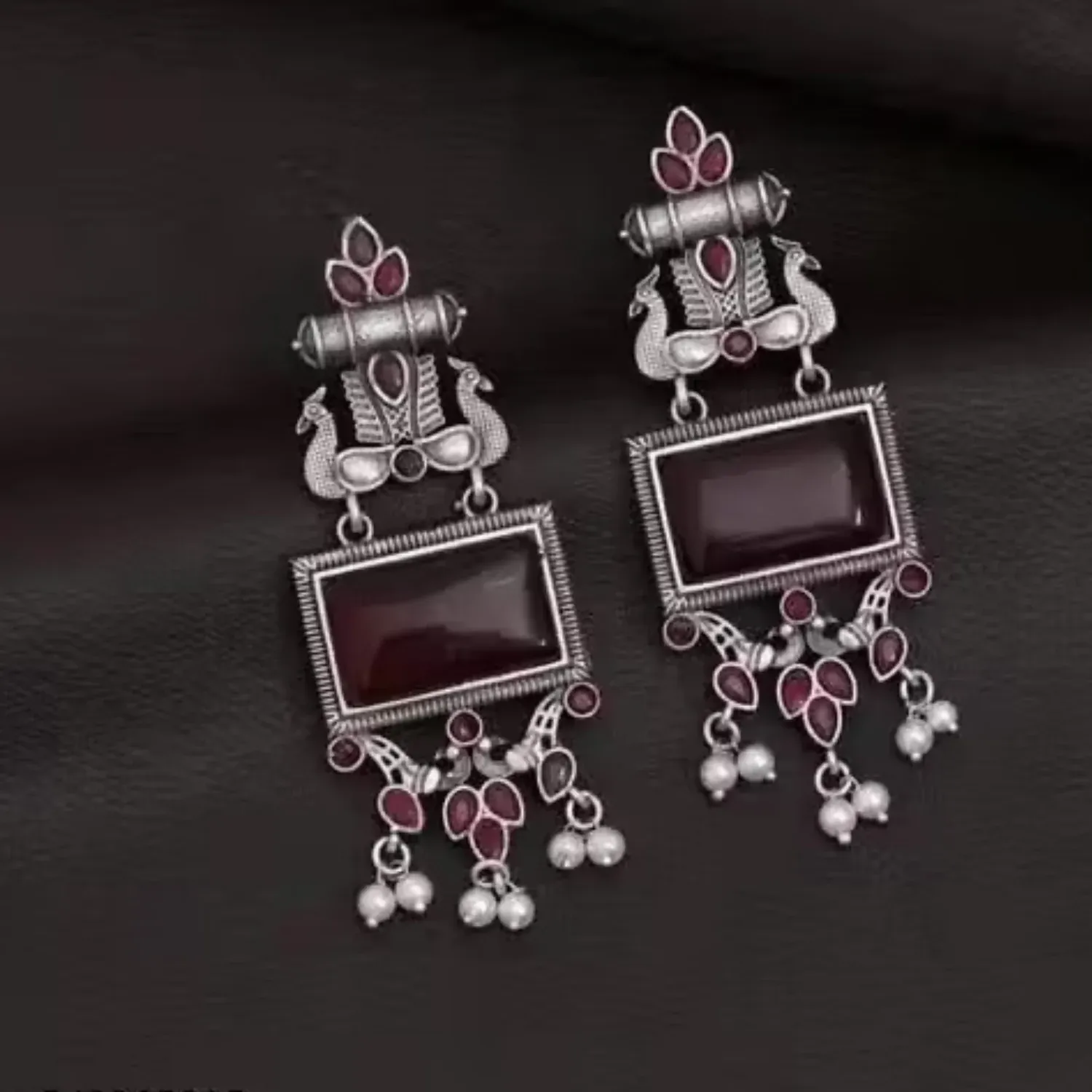 Traditional Oxidized Silver Maroon Stone Pearl Drop Earrings - Detailed Feature View 2