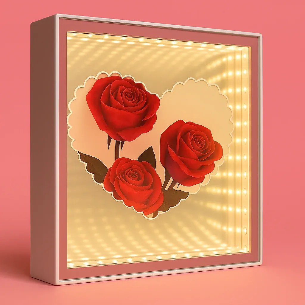 LED Rose Infinity Mirror Light Box | Romantic 3D LED Illusion Heart Shaped Rose Lamp | Decorative Tabletop Night Light for Bedroom, Living Room & Gifts | Valentine’s Day, Anniversary, Wedding, Home Décor - Detailed Feature View 1