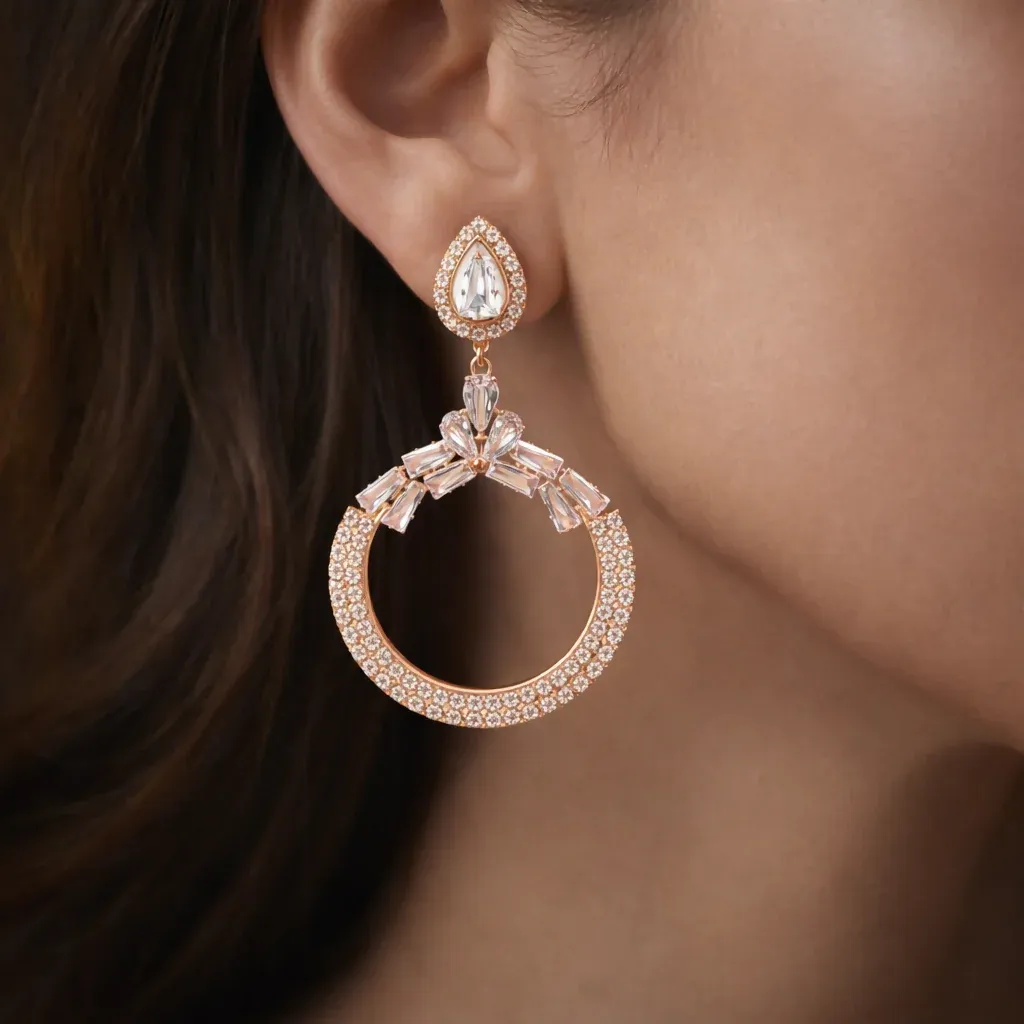 Exquisite Rose Gold Tone Chandbali Statement Earrings - Detailed Feature View 1