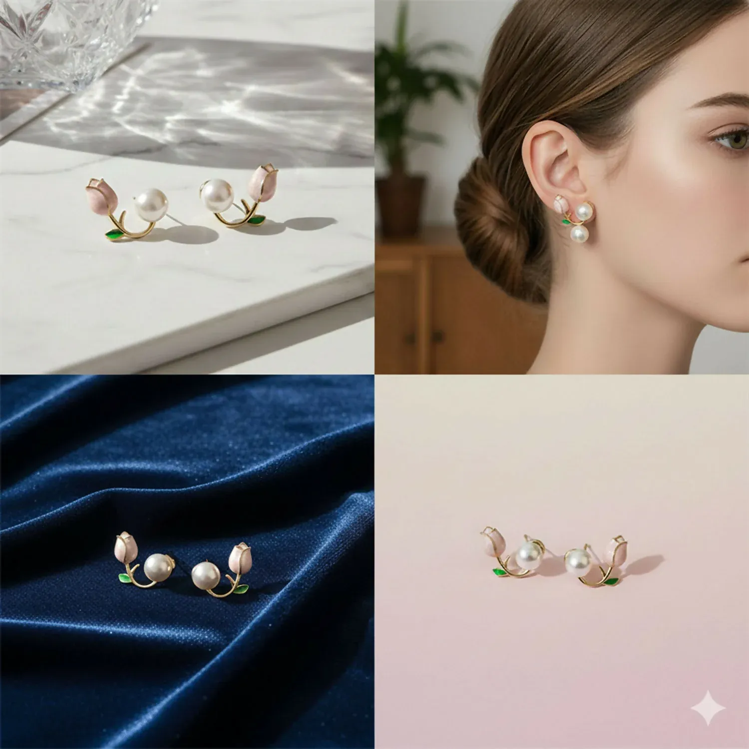 Dainty Enamel Tulip & Pearl Korean Style Earrings - Detailed Feature View 5