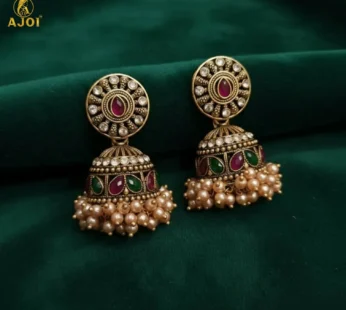 Royal Pearl Drop Antique Gold Jhumka Earrings with Green & Pink Stones
