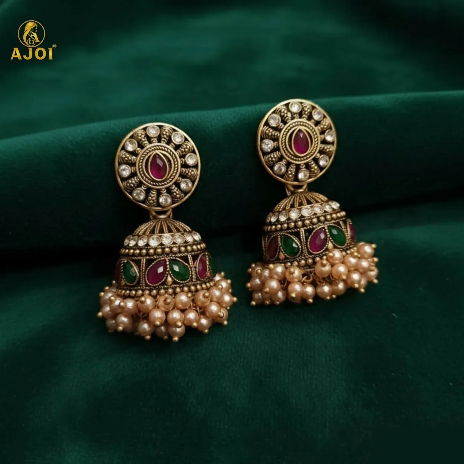 Premium Royal Pearl Drop Antique Gold Jhumka Earrings with Green & Pink Stones - Buy Online at Alikart