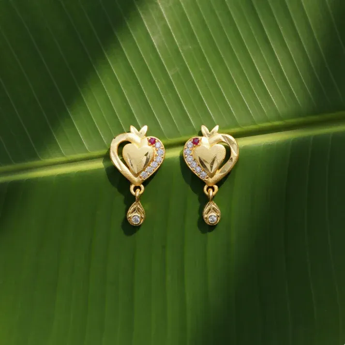 Heart Shaped Gold Finish Earrings With Crystal Border And Delicate Hanging Drop - Detailed Feature View 2
