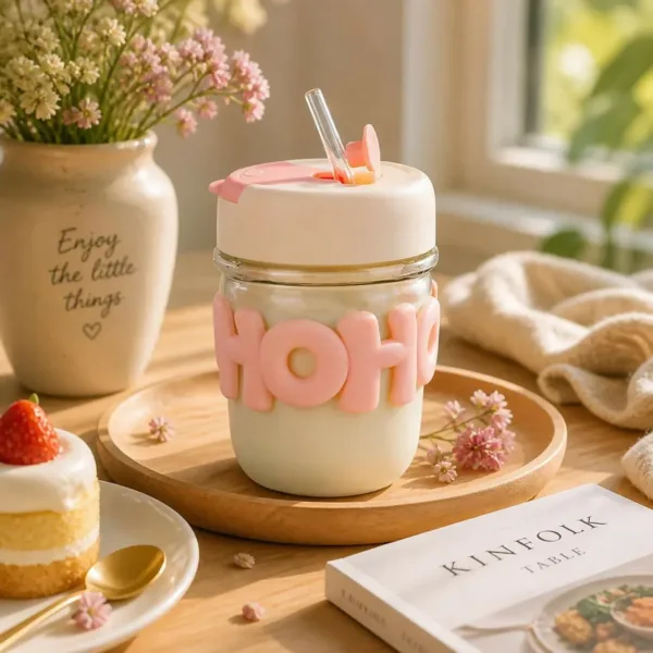 HOHO Pastel Pink Glass Milk Jar with Leakproof Lid & Straw – 350ml