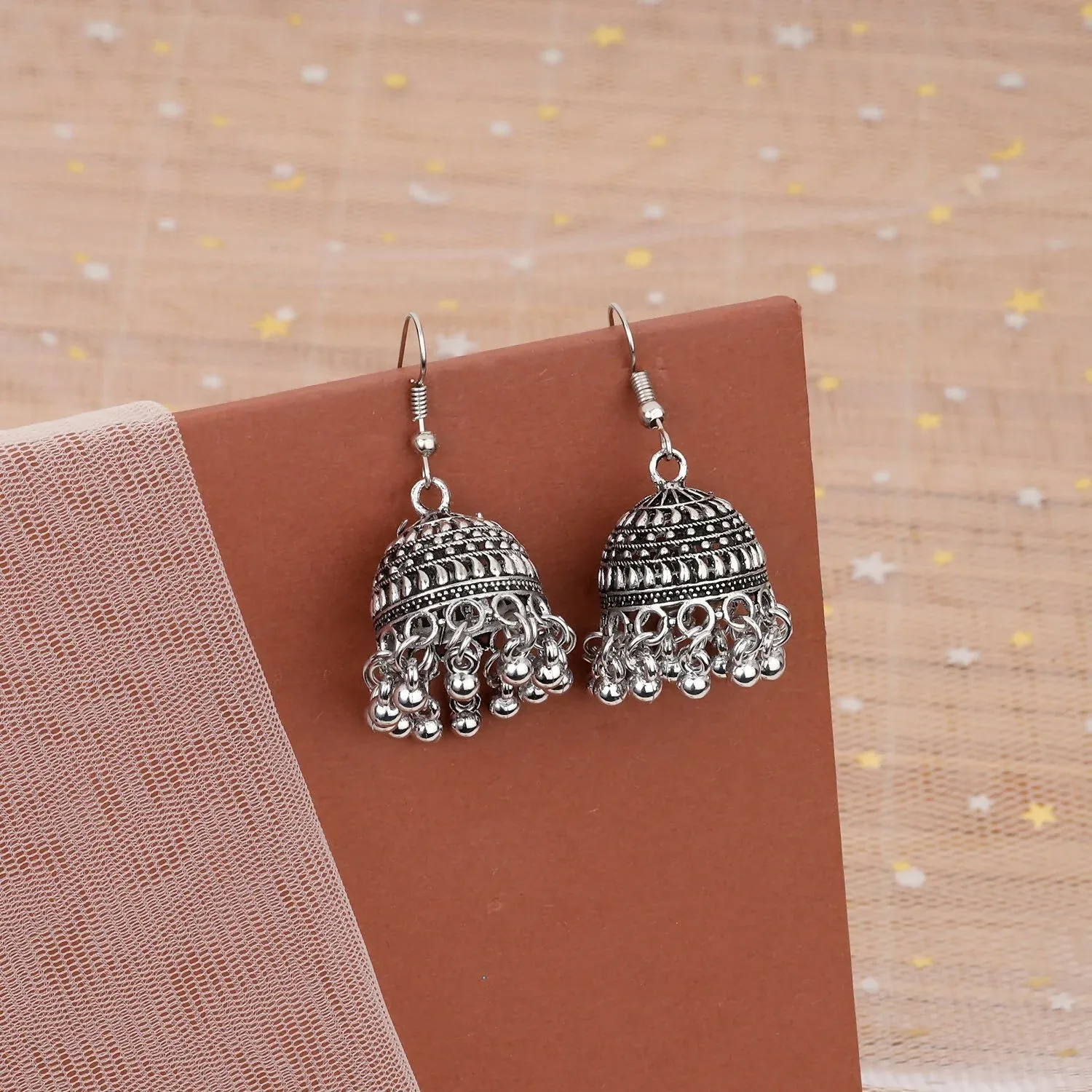 Premium Classic Oxidised Silver Hook Jhumka Earrings with Ghungroo Danglers - Buy Online at Alikart